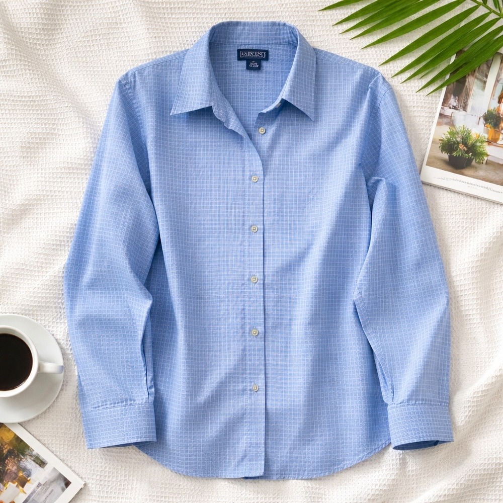 Lands End Womens 16 Blue White Plaid Button Down Shirt Long Sleeve Career